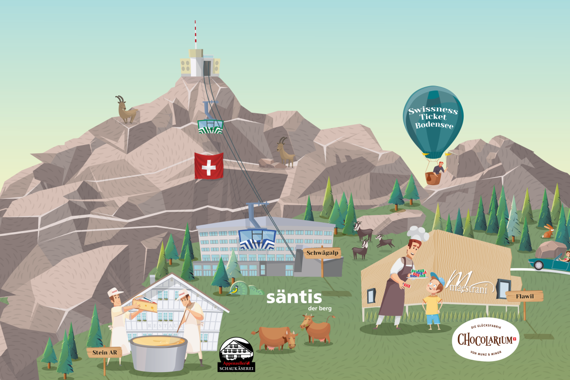 Grafik Landschaft Ostschweiz. Säntis, Schaukäserei und Chocolarium